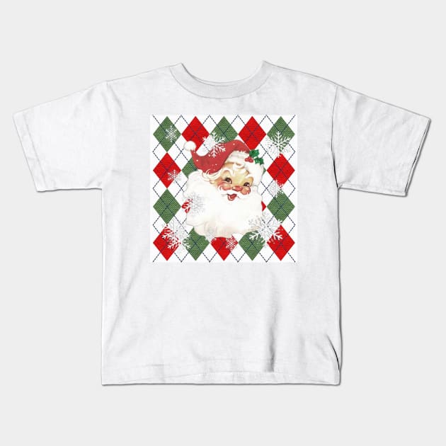 CHRISTMAS VINTAGE LOOK SANTA CLAUS Graphic Design on background of Red & Green Plaid with Snowflakes: Available on many products such as bedding, pillows, apparel, clocks, mugs, travel mugs Kids T-Shirt by tamdevo1